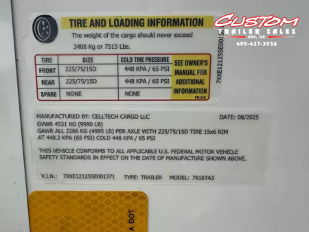 New #001371 2025 CELLTECH TA3 7 X 16 TANDEM AXLE ALL STEEL ENCLOSED W/ REAR RAMP DOOR