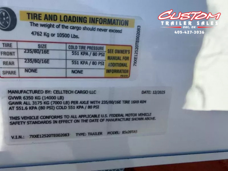 New #002083 2026 CELL TECH TA5 8.5 X 20 TANDEM AXLE ALL STEEL ENCLOSED 14K W/ DOVE TAIL & REAR RAMP DOOR