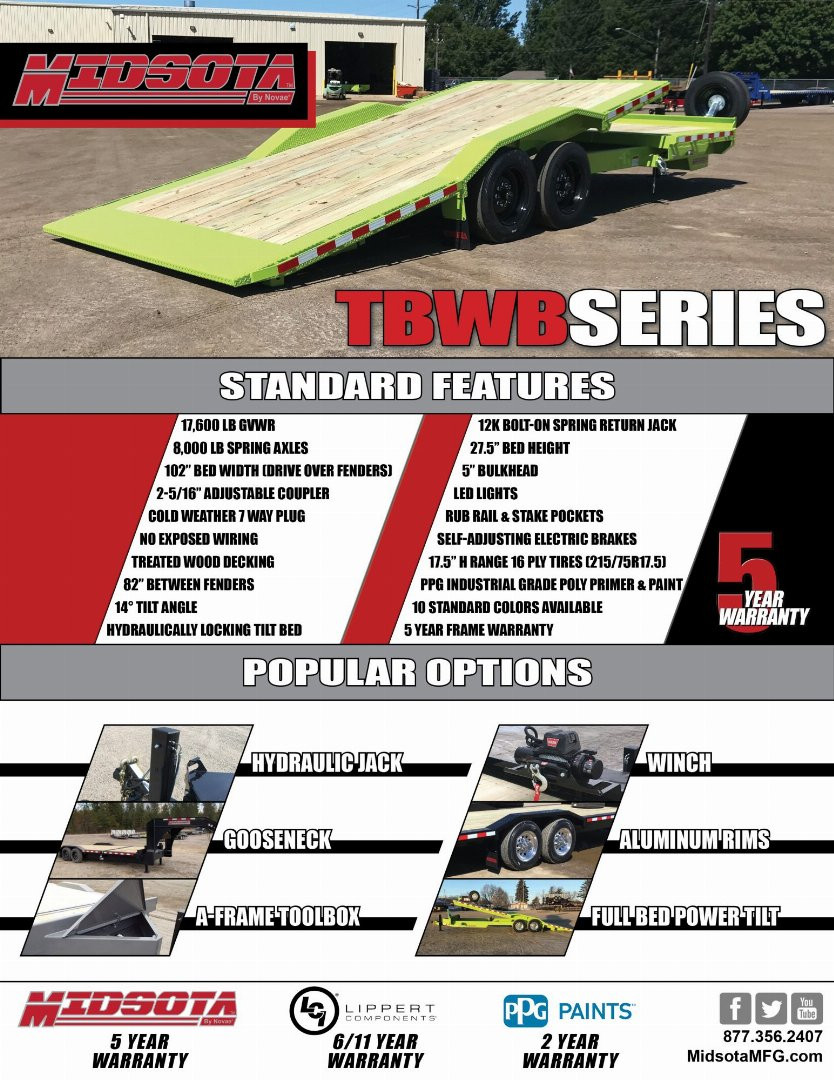 New 2025 Midsota 24 TBWB-24 Wide Body Tilt Equipment Trailer