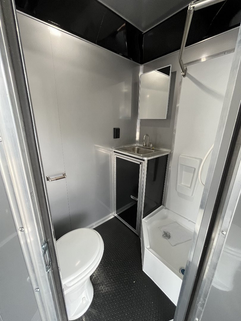 New 2026 Haulmark 34 EDGE Bathroom Race Trailer, Black PolyCor With Black Trim, 18K GVWR, 54" ALX Slide Out Step, Awning, Air Prep, A/C, Landing Light PKG