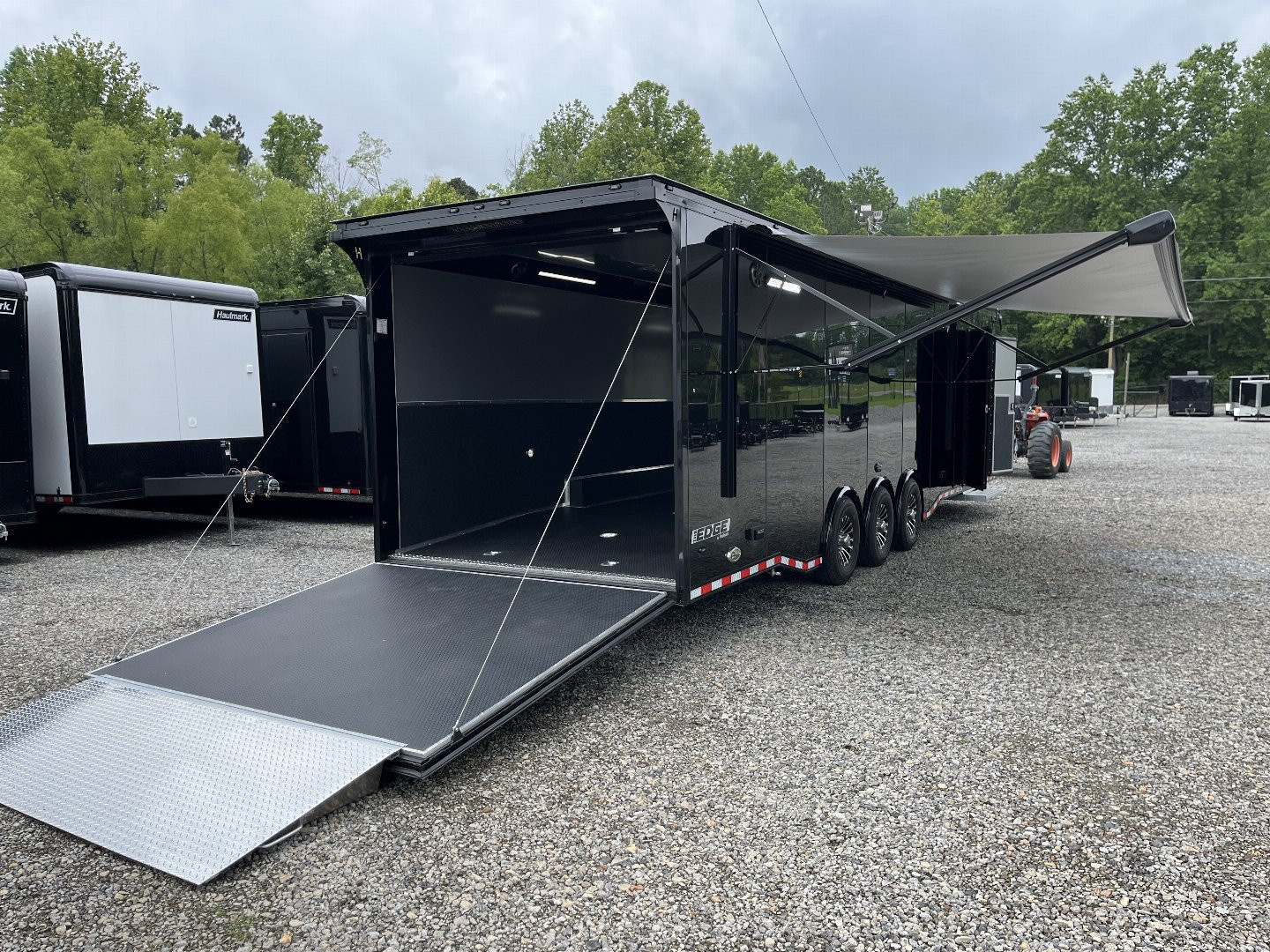 New 2026 Haulmark 34 EDGE Bathroom Race Trailer, Black PolyCor With Black Trim, 18K GVWR, 54" ALX Slide Out Step, Awning, Air Prep, A/C, Landing Light PKG