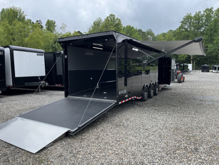 New 2026 Haulmark 34 EDGE Bathroom Race Trailer, Black PolyCor With Black Trim, 18K GVWR, 54" ALX Slide Out Step, Awning, Air Prep, A/C, Landing Light PKG