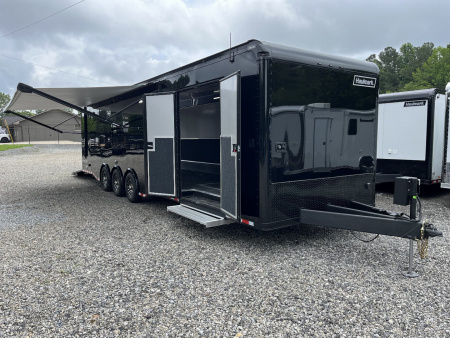 New 2026 Haulmark 34 EDGE Bathroom Race Trailer, Black PolyCor With Black Trim, 18K GVWR, 54" ALX Slide Out Step, Awning, Air Prep, A/C, Landing Light PKG