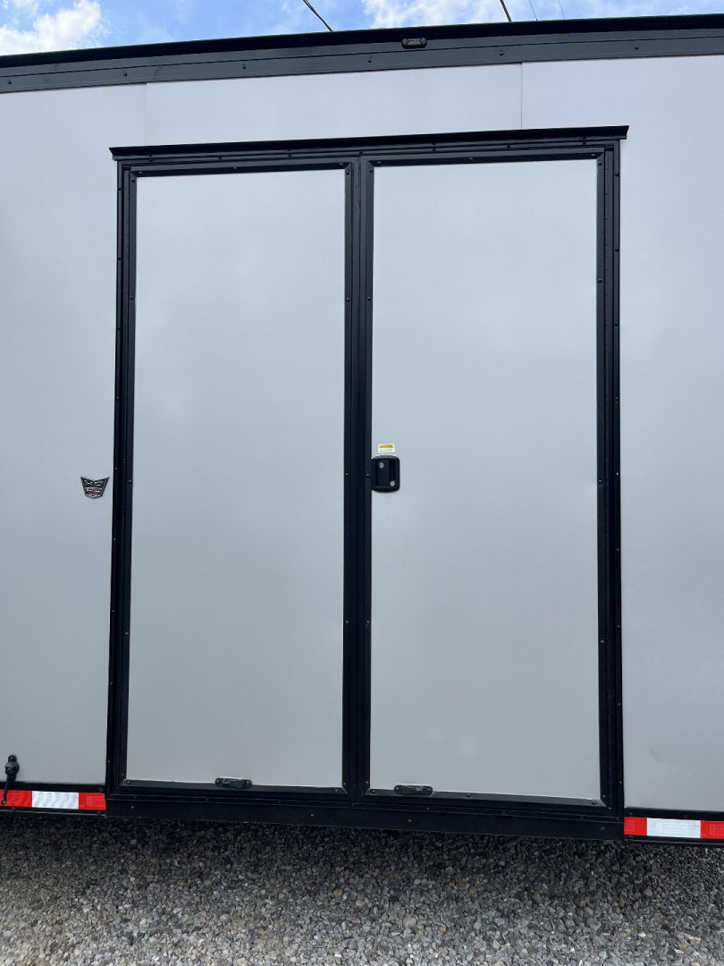 New 2026 HAULMARK 32' EDGE RACE TRAILER, SPORTSMAN PLUS PKG, SILVER POLYCOR WITH BLACK TRIM, 14K GVWR, 96" WIDE REAR DOOR OPENING, 7'4" INTERIOR HEIGHT