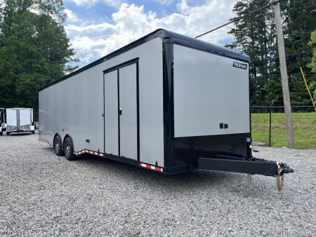 New 2026 HAULMARK 32' EDGE RACE TRAILER, SPORTSMAN PLUS PKG, SILVER POLYCOR WITH BLACK TRIM, 14K GVWR, 96" WIDE REAR DOOR OPENING, 7'4" INTERIOR HEIGHT