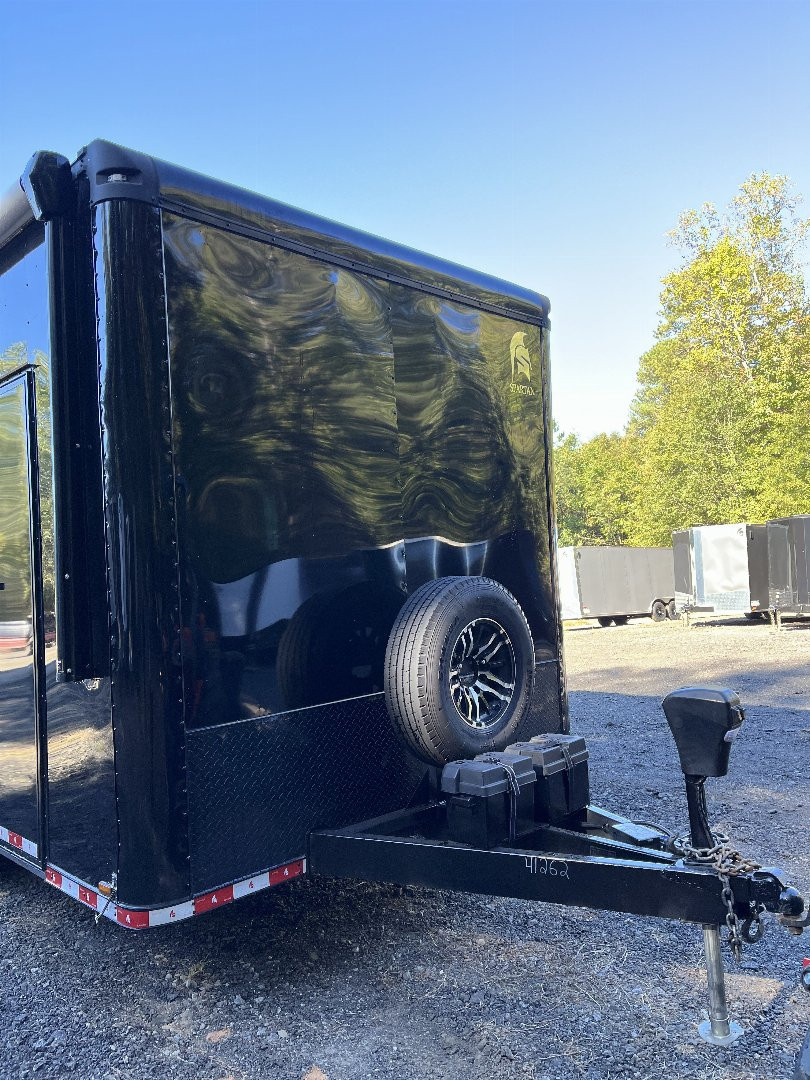 Used 2024 Spartan 8.5x16 Custom Enclosed Trailer, Black PolyCor, 8' Interior, Custom Shelves, E-Track, Flat Front With Cast Upper Corners, 14K GVWR, HD, Awning