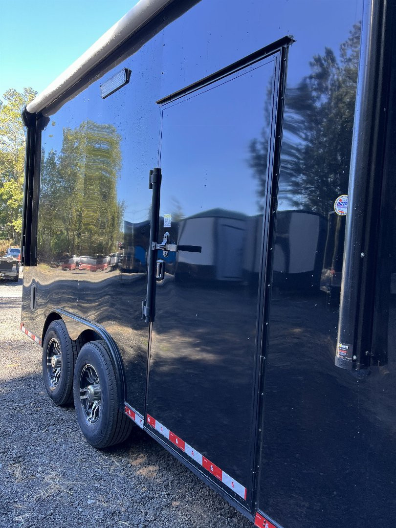 Used 2024 Spartan 8.5x16 Custom Enclosed Trailer, Black PolyCor, 8' Interior, Custom Shelves, E-Track, Flat Front With Cast Upper Corners, 14K GVWR, HD, Awning