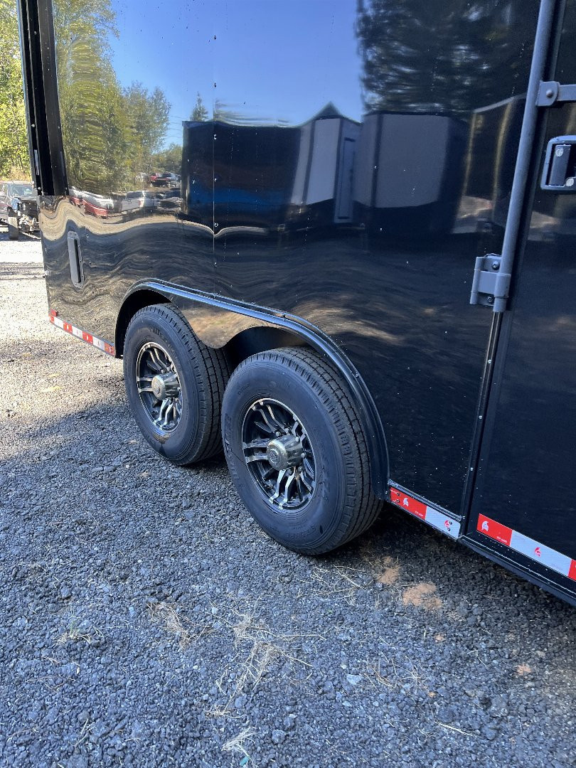 Used 2024 Spartan 8.5x16 Custom Enclosed Trailer, Black PolyCor, 8' Interior, Custom Shelves, E-Track, Flat Front With Cast Upper Corners, 14K GVWR, HD, Awning