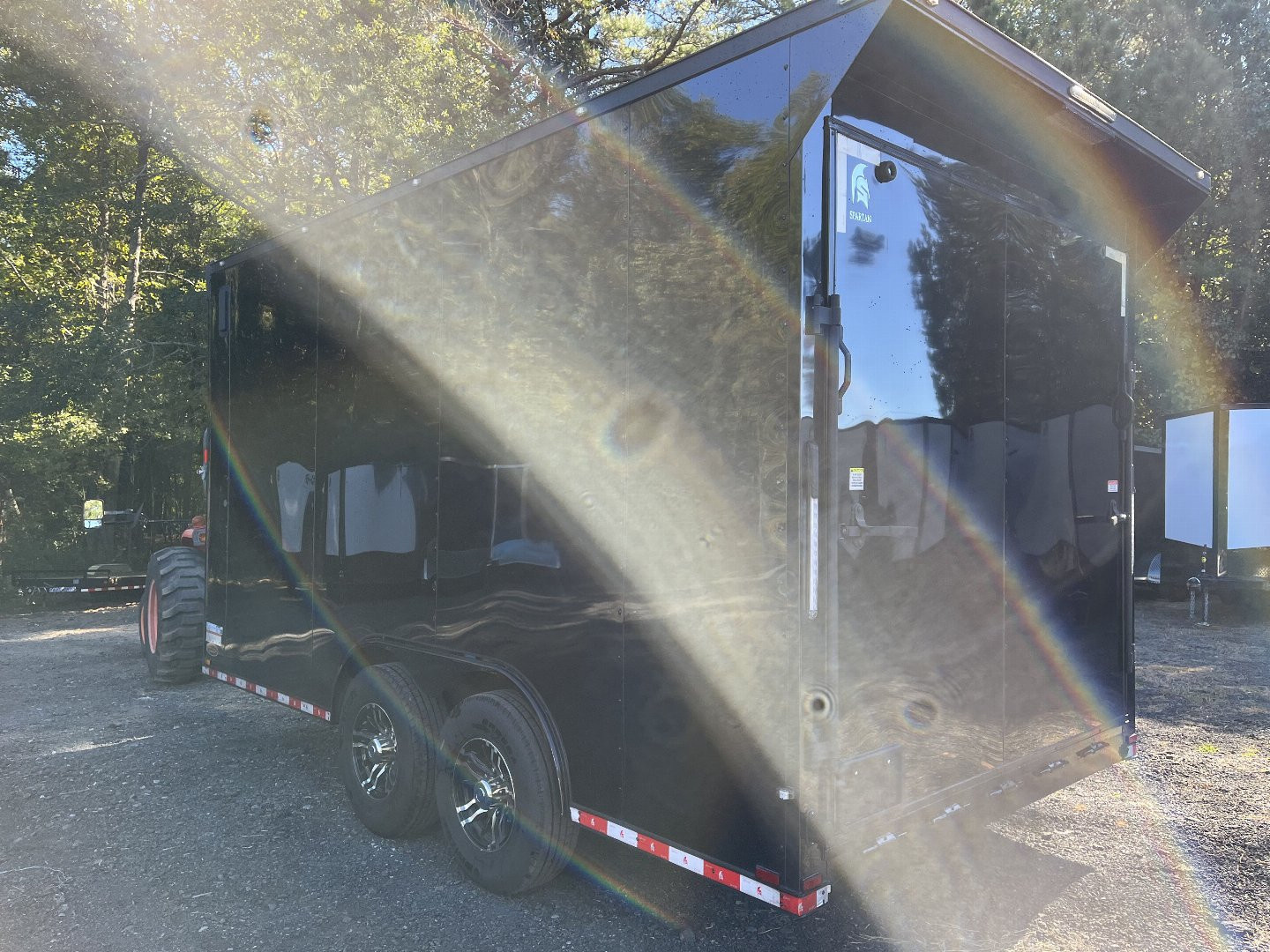 Used 2024 Spartan 8.5x16 Custom Enclosed Trailer, Black PolyCor, 8' Interior, Custom Shelves, E-Track, Flat Front With Cast Upper Corners, 14K GVWR, HD, Awning