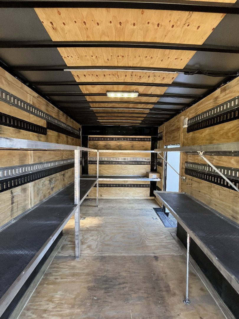 Used 2024 Spartan 8.5x16 Custom Enclosed Trailer, Black PolyCor, 8' Interior, Custom Shelves, E-Track, Flat Front With Cast Upper Corners, 14K GVWR, HD, Awning