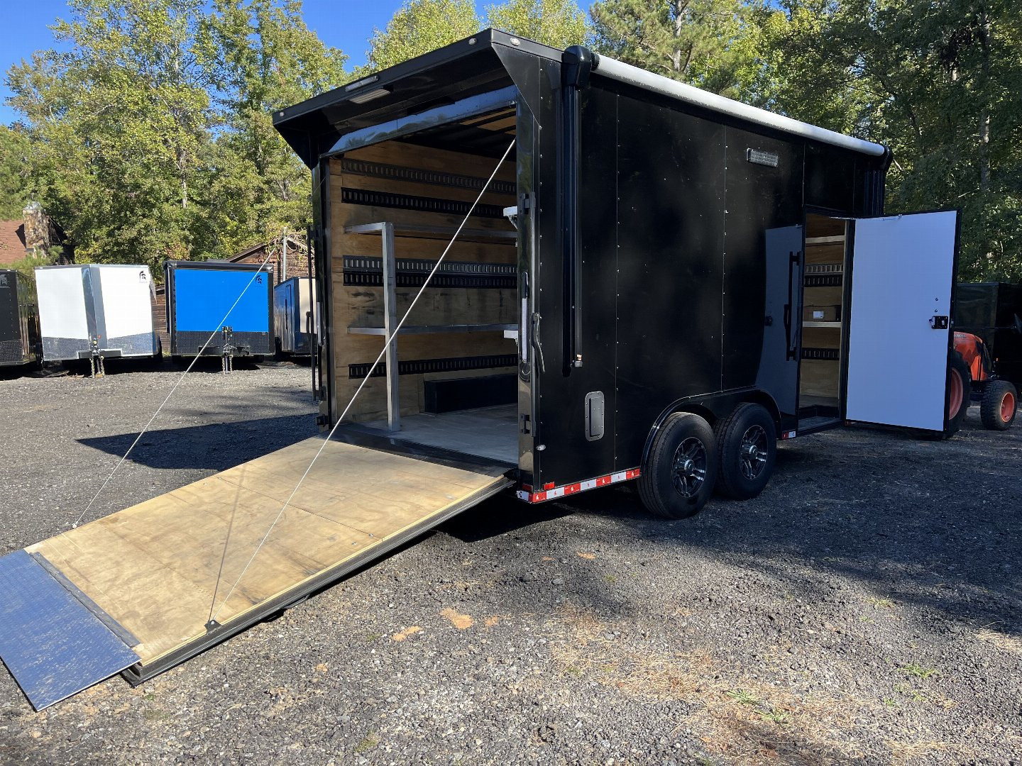 Used 2024 Spartan 8.5x16 Custom Enclosed Trailer, Black PolyCor, 8' Interior, Custom Shelves, E-Track, Flat Front With Cast Upper Corners, 14K GVWR, HD, Awning