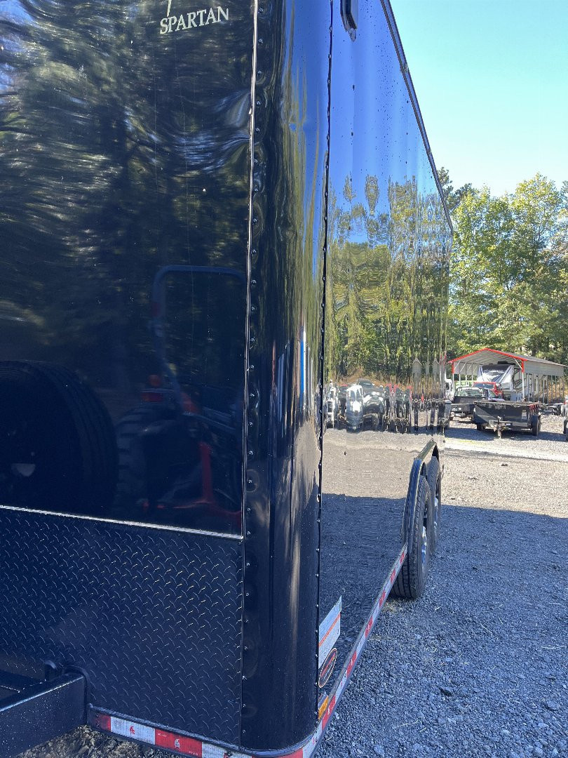Used 2024 Spartan 8.5x16 Custom Enclosed Trailer, Black PolyCor, 8' Interior, Custom Shelves, E-Track, Flat Front With Cast Upper Corners, 14K GVWR, HD, Awning