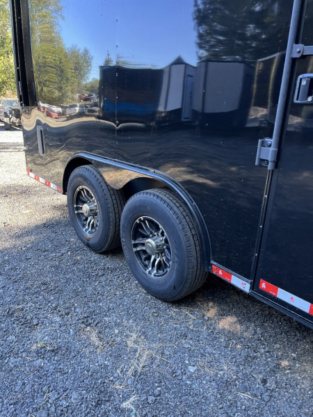 Used 2024 Spartan 8.5x16 Custom Enclosed Trailer, Black PolyCor, 8' Interior, Custom Shelves, E-Track, Flat Front With Cast Upper Corners, 14K GVWR, HD, Awning