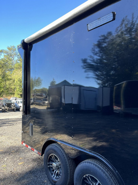 Used 2024 Spartan 8.5x16 Custom Enclosed Trailer, Black PolyCor, 8' Interior, Custom Shelves, E-Track, Flat Front With Cast Upper Corners, 14K GVWR, HD, Awning