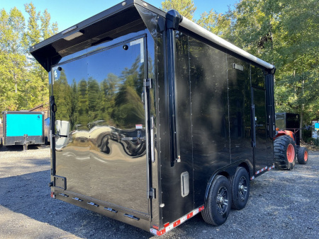 Used 2024 Spartan 8.5x16 Custom Enclosed Trailer, Black PolyCor, 8' Interior, Custom Shelves, E-Track, Flat Front With Cast Upper Corners, 14K GVWR, HD, Awning