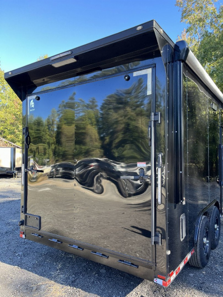 Used 2024 Spartan 8.5x16 Custom Enclosed Trailer, Black PolyCor, 8' Interior, Custom Shelves, E-Track, Flat Front With Cast Upper Corners, 14K GVWR, HD, Awning