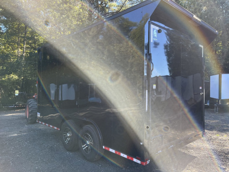 Used 2024 Spartan 8.5x16 Custom Enclosed Trailer, Black PolyCor, 8' Interior, Custom Shelves, E-Track, Flat Front With Cast Upper Corners, 14K GVWR, HD, Awning