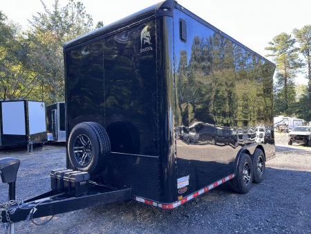 Used 2024 Spartan 8.5x16 Custom Enclosed Trailer, Black PolyCor, 8' Interior, Custom Shelves, E-Track, Flat Front With Cast Upper Corners, 14K GVWR, HD, Awning