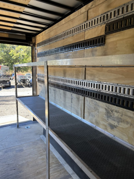 Used 2024 Spartan 8.5x16 Custom Enclosed Trailer, Black PolyCor, 8' Interior, Custom Shelves, E-Track, Flat Front With Cast Upper Corners, 14K GVWR, HD, Awning