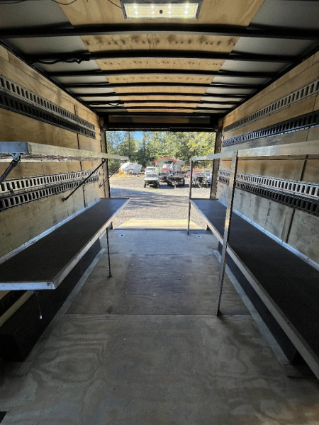 Used 2024 Spartan 8.5x16 Custom Enclosed Trailer, Black PolyCor, 8' Interior, Custom Shelves, E-Track, Flat Front With Cast Upper Corners, 14K GVWR, HD, Awning