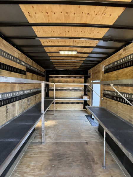 Used 2024 Spartan 8.5x16 Custom Enclosed Trailer, Black PolyCor, 8' Interior, Custom Shelves, E-Track, Flat Front With Cast Upper Corners, 14K GVWR, HD, Awning