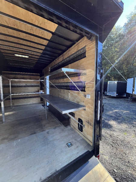 Used 2024 Spartan 8.5x16 Custom Enclosed Trailer, Black PolyCor, 8' Interior, Custom Shelves, E-Track, Flat Front With Cast Upper Corners, 14K GVWR, HD, Awning