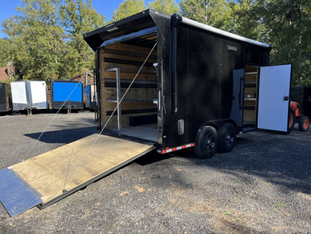 Used 2024 Spartan 8.5x16 Custom Enclosed Trailer, Black PolyCor, 8' Interior, Custom Shelves, E-Track, Flat Front With Cast Upper Corners, 14K GVWR, HD, Awning