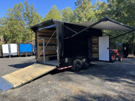Used 2024 Spartan 8.5x16 Custom Enclosed Trailer, Black PolyCor, 8' Interior, Custom Shelves, E-Track, Flat Front With Cast Upper Corners, 14K GVWR, HD, Awning