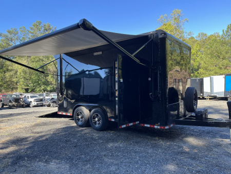 Used 2024 Spartan 8.5x16 Custom Enclosed Trailer, Black PolyCor, 8' Interior, Custom Shelves, E-Track, Flat Front With Cast Upper Corners, 14K GVWR, HD, Awning