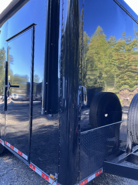 Used 2024 Spartan 8.5x16 Custom Enclosed Trailer, Black PolyCor, 8' Interior, Custom Shelves, E-Track, Flat Front With Cast Upper Corners, 14K GVWR, HD, Awning