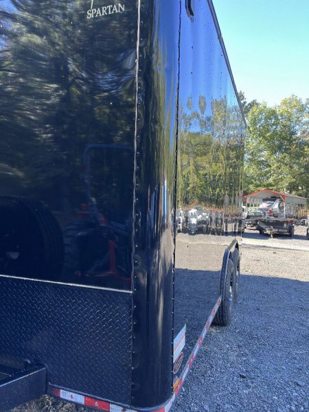 Used 2024 Spartan 8.5x16 Custom Enclosed Trailer, Black PolyCor, 8' Interior, Custom Shelves, E-Track, Flat Front With Cast Upper Corners, 14K GVWR, HD, Awning