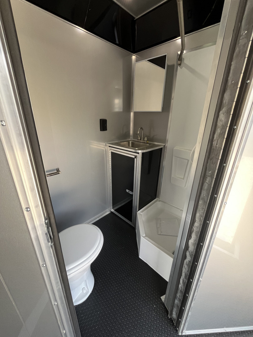 New 2026 Haulmark 34 Bathoom Race Trailer, Air Prep PKG, Awning, Polycor, Insulated, Window, 54" ALX Slide Out Step, A/C + Heat