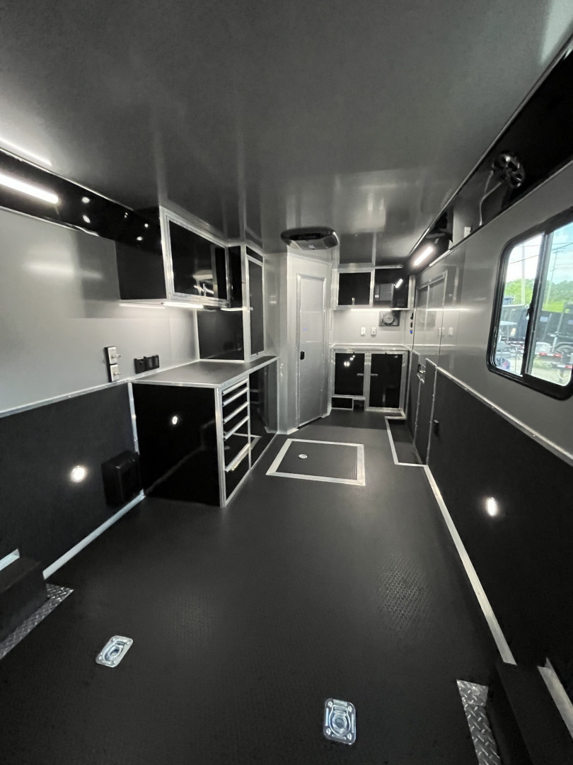 New 2026 Haulmark 34 Bathoom Race Trailer, Air Prep PKG, Awning, Polycor, Insulated, Window, 54" ALX Slide Out Step, A/C + Heat