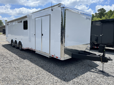 New 2026 Haulmark 34 Bathoom Race Trailer, Air Prep PKG, Awning, Polycor, Insulated, Window, 54" ALX Slide Out Step, A/C + Heat