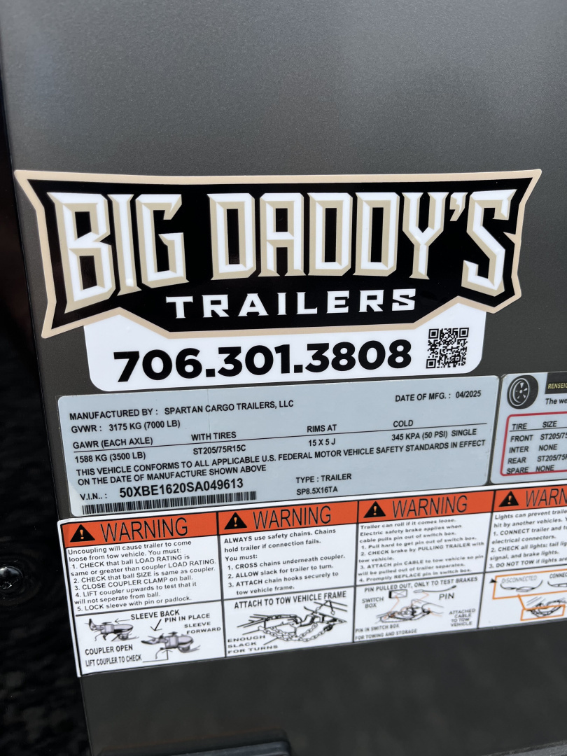 New 2026 Spartan Cargo 8.5x16 Enclosed Trailer, Black PolyCor, 7' Interior, 54" Triple Tube Tongue, 1-Piece Aluminum Roof, STABLEDECK