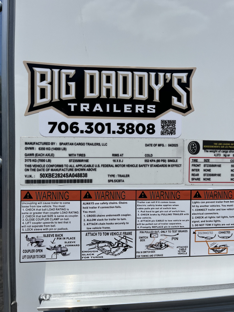 New 2026 Spartan 8.5x28 Race Trailer, PolyCor, Escape Door, 7'6" Interior, 14K GVWR, A/C, Awning, Rubber Coin PKG, Generator Compartment