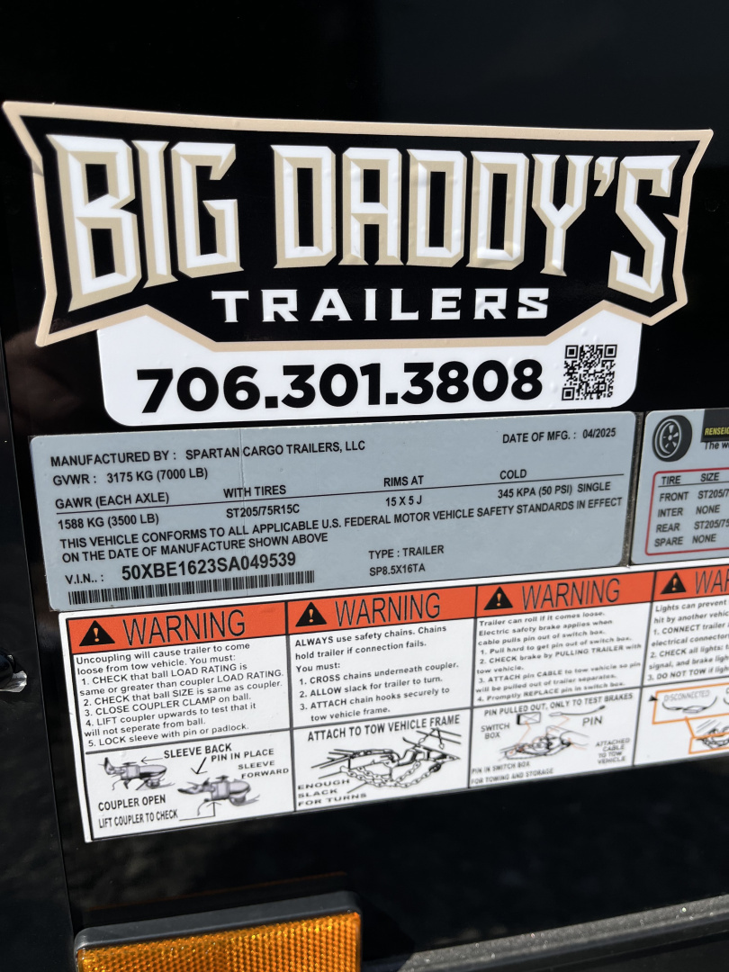 New 2025 Spartan Cargo 8.5x16 Enclosed Trailer, Preferred Package, PolyCor, 7' Interior, 54" Triple Tube Tongue, 1-Piece Aluminum Roof, STABLEDECK & E-Track