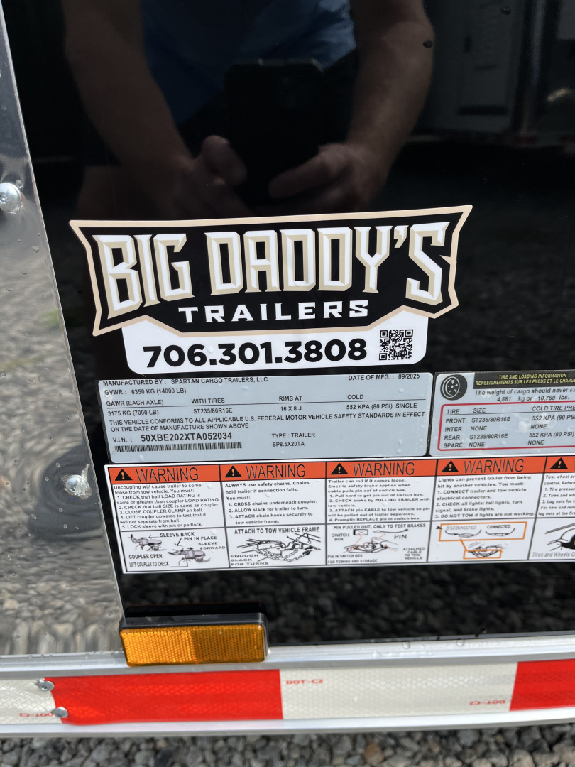 New 2026 Spartan 8.5x20 Enclosed Trailer, Preferred Package, Big package, 12" On Center Frame, 14K GVWR