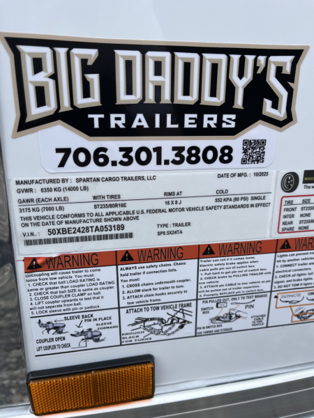 New 2026 Spartan 8.5x24 Enclosed Trailer, Big Package, Polycor, 12" On Center Frame, 10K GVWR