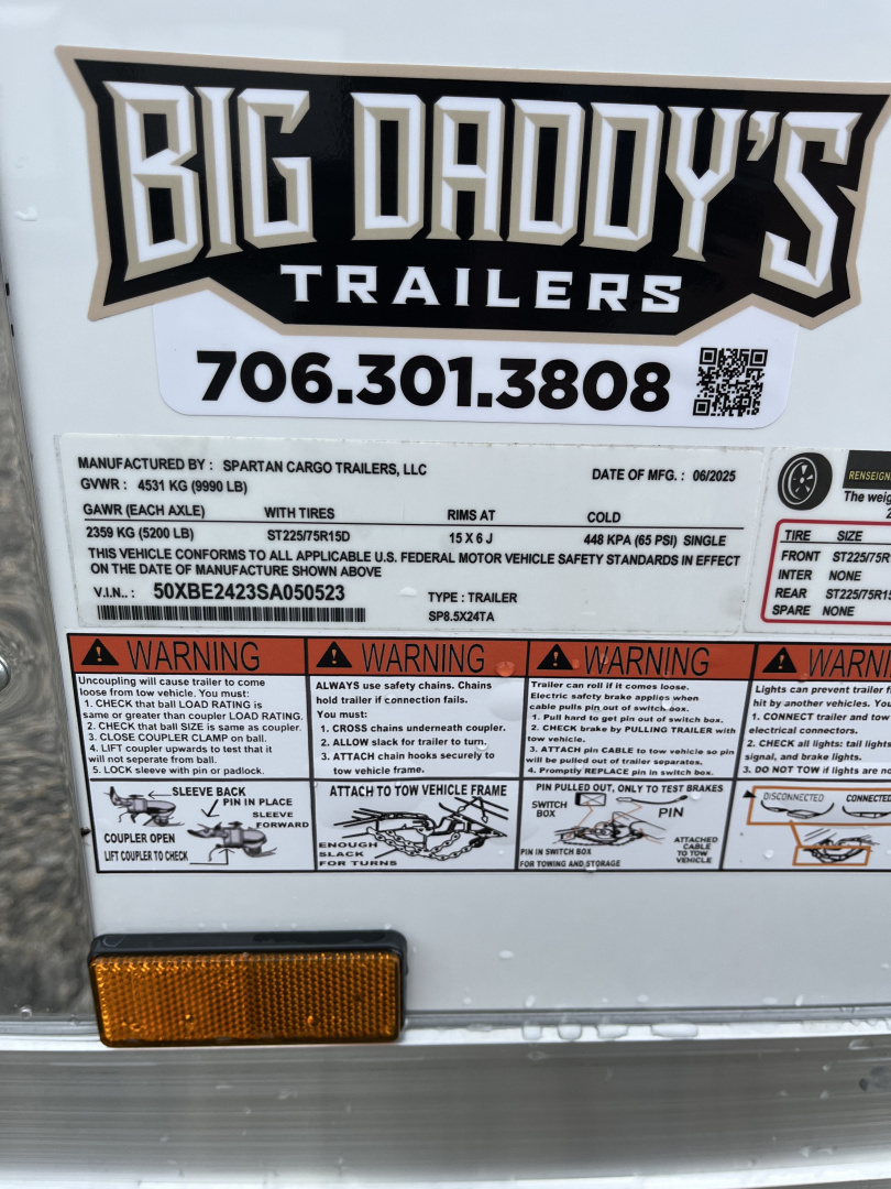 New 2026 Spartan 8.5x24 Enclosed Trailer, Preferred Package, 10K GVWR, 7' Interior, PolyCor Exterior