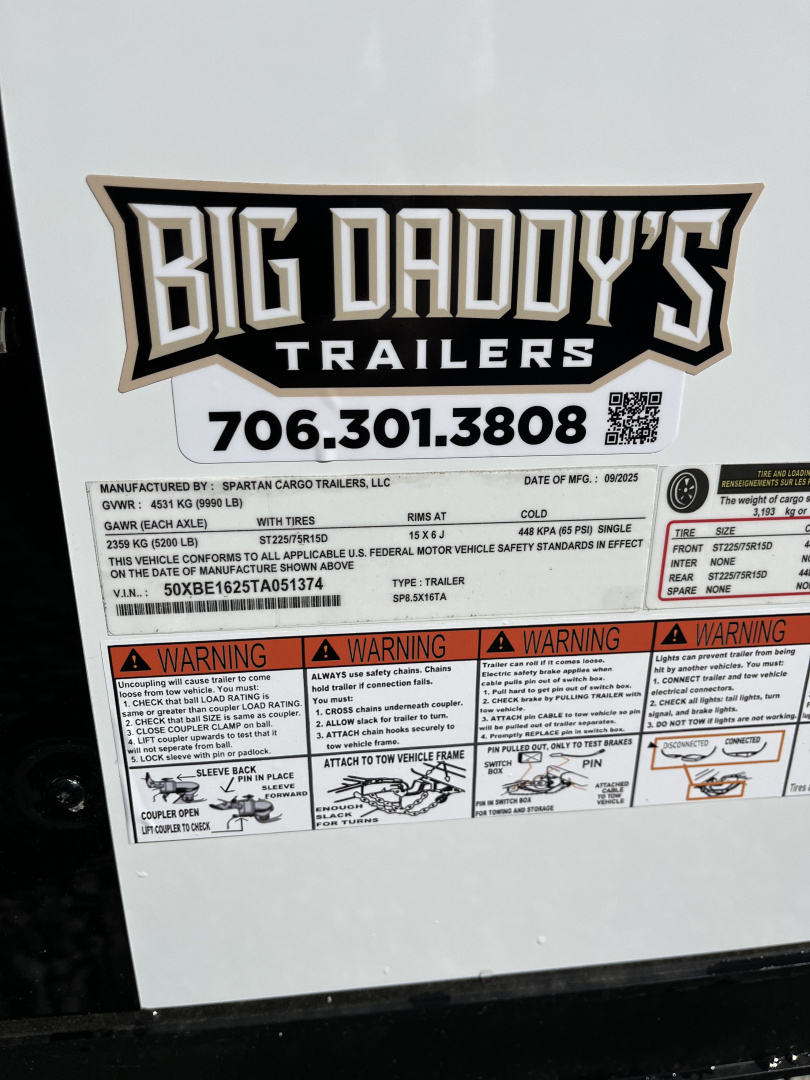 New 2026 Spartan Cargo 8.5x16 Enclosed Trailer, White PolyCor With Black Trim, 10K GVWR, 7' Interior, 54" Triple Tube Tongue, 1-Piece Aluminum Roof, StableDeck