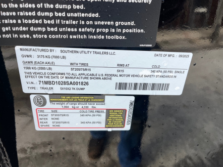 New 2025 Southern Utility 5x10x2 7K Dump Trailer