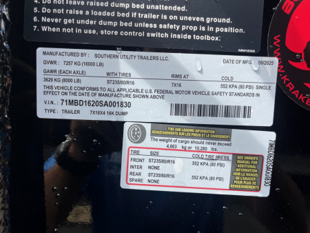 New 2025 Southern Utility 7x16x4 16K Telescopic Dump Trailer