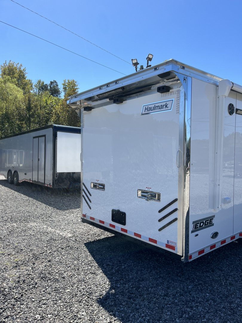 New 2026 Haulmark 34 Bathoom Race Trailer, Air Prep PKG, Awning, Polycor, Insulated, Window, 54" ALX Slide Out Step, A/C + Heat