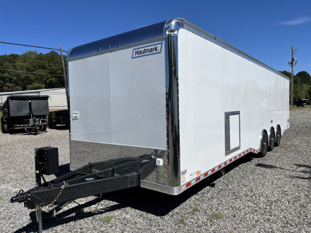 New 2026 Haulmark 34 Bathoom Race Trailer, Air Prep PKG, Awning, Polycor, Insulated, Window, 54" ALX Slide Out Step, A/C + Heat