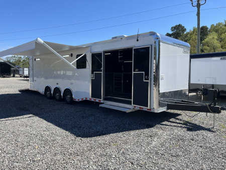 New 2026 Haulmark 34 Bathoom Race Trailer, Air Prep PKG, Awning, Polycor, Insulated, Window, 54  ALX Slide Out Step, A/C + Heat
