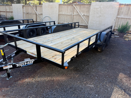 New 2026 Top Hat Trailers 83X16 Pipe Rail Utility Flatbed Trailer Pull out Ramps