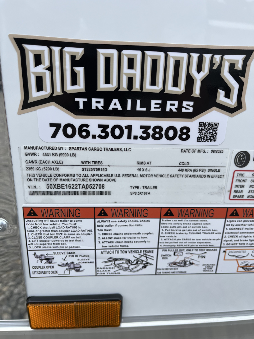 New 2026 Spartan Cargo 8.5x16 Enclosed Trailer, 10K GVWR, Preferred Package, PolyCor, 7' Interior, 54" Triple Tube Tongue, 1-Piece Aluminum Roof, STABLEDECK