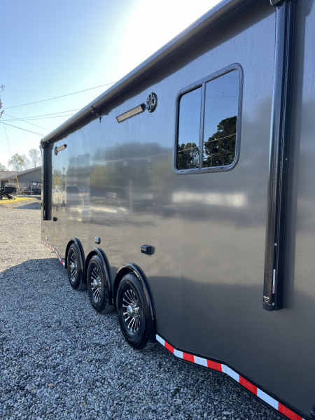 New 2026 Haulmark 34 Bathoom Race Trailer, Air Prep PKG, Awning, Polycor, Insulated, Window, 54" ALX Slide Out Step, A/C + Heat