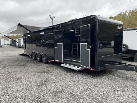 New 2026 Haulmark 34 Bathoom Race Trailer, Air Prep PKG, Awning, Polycor, Insulated, Window, 54  ALX Slide Out Step, A/C + Heat